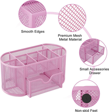 Mesh Pen Holder Desk Organizer with Drawer Stationery Supplies Organizer for Dorm School 9 Compartments Workspace Desk Accessories Organization for Office, Light Pink
