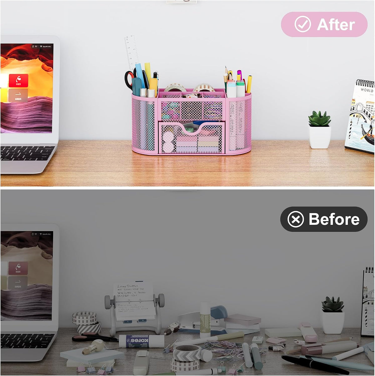 Mesh Pen Holder Desk Organizer with Drawer Stationery Supplies Organizer for Dorm School 9 Compartments Workspace Desk Accessories Organization for Office, Light Pink
