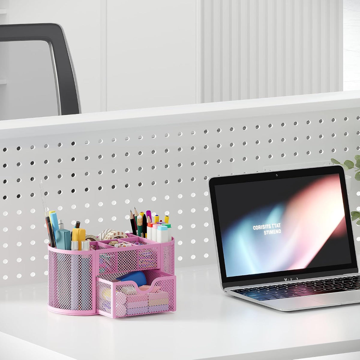 Mesh Pen Holder Desk Organizer with Drawer Stationery Supplies Organizer for Dorm School 9 Compartments Workspace Desk Accessories Organization for Office, Light Pink