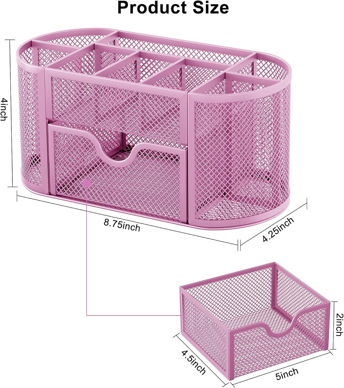 Mesh Pen Holder Desk Organizer with Drawer Stationery Supplies Organizer for Dorm School 9 Compartments Workspace Desk Accessories Organization for Office, Light Pink