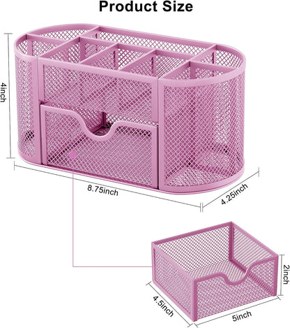 Mesh Pen Holder Desk Organizer with Drawer Stationery Supplies Organizer for Dorm School 9 Compartments Workspace Desk Accessories Organization for Office, Light Pink