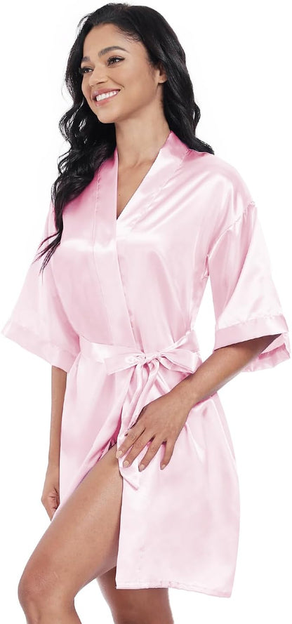 Women’s Short Satin Robes Lightweight Silky V-Neck Sleepwear Wedding Bridal Party Bride Bridesmaid Bathrobes