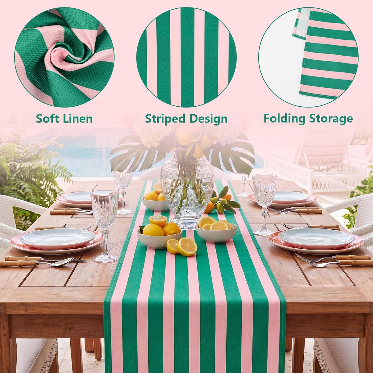Linen Pink Green Cabana Striped Table Runner, 14 x 120 in