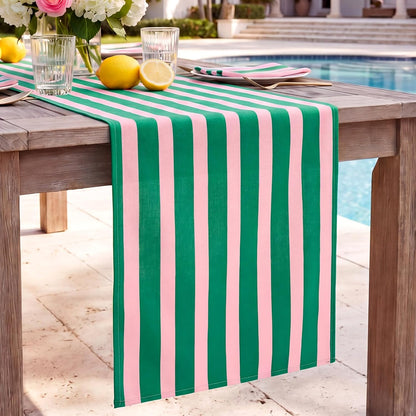Linen Pink Green Cabana Striped Table Runner, 14 x 120 in