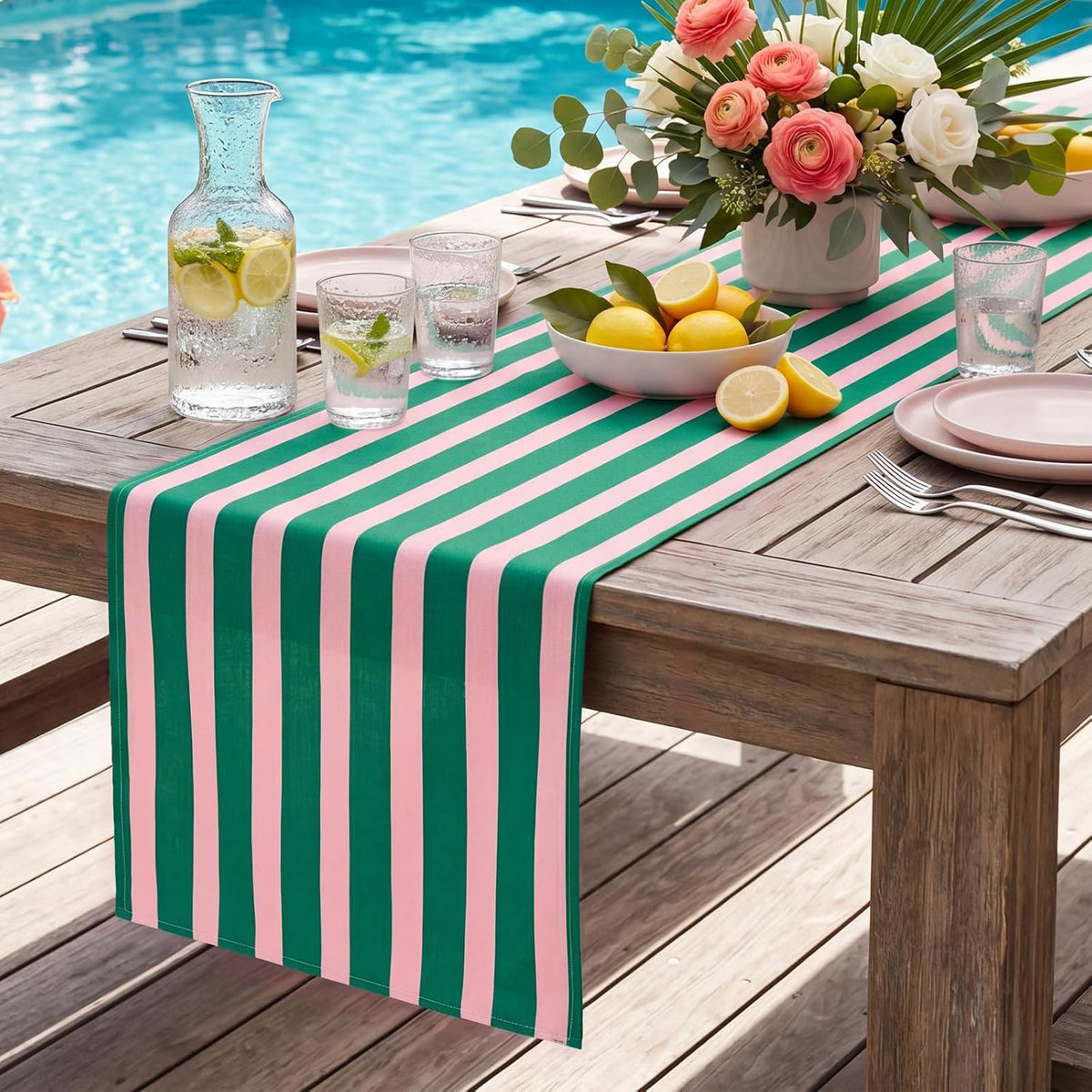 Linen Pink Green Cabana Striped Table Runner, 14 x 120 in