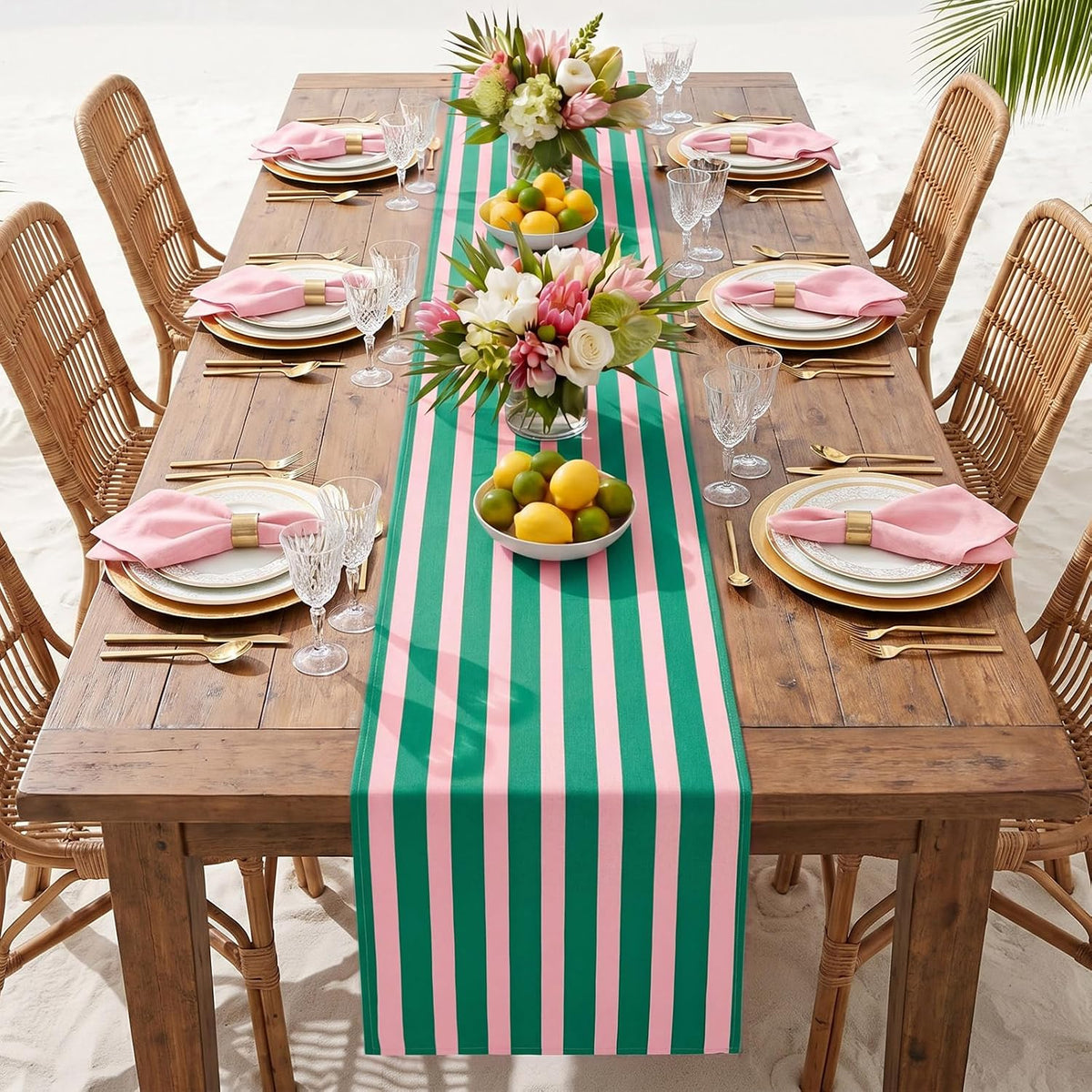 Linen Pink Green Cabana Striped Table Runner, 14 x 120 in