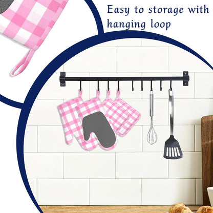 Buffalo Check Plaid Oven Mitts and Pot Holders Pink Checkered Silicone Kitchen Accessories Set of 4 Heat Resistant Non-Slip Long Gloves Potholder for Chef Cooking Baking Gifts Women Men