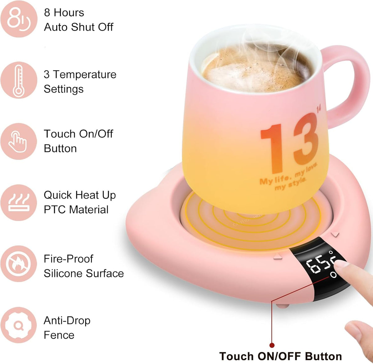 Coffee Mug Warmer (No Cup), Electric Cup Warmer for Desk, 3 Temperature Levels, Auto Shut Off, Portable Mug Heater for Coffee, Beverage, Milk, Tea and Hot Chocolate, Pink