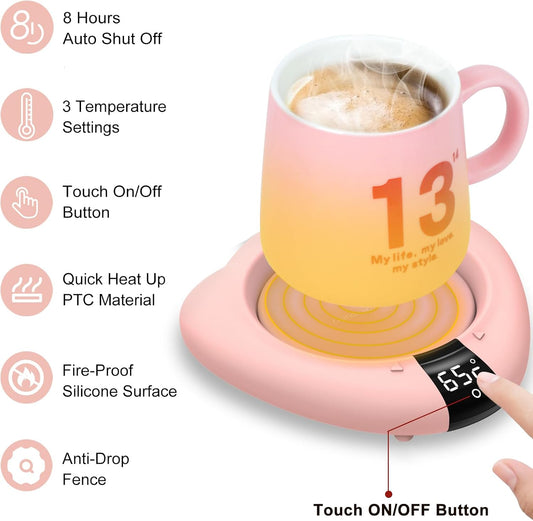 Coffee Mug Warmer (No Cup), Electric Cup Warmer for Desk, 3 Temperature Levels, Auto Shut Off, Portable Mug Heater for Coffee, Beverage, Milk, Tea and Hot Chocolate, Pink