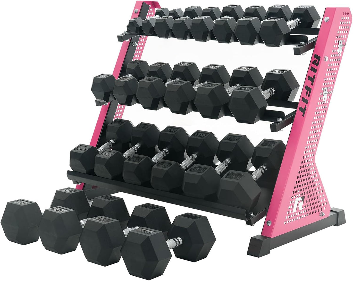 RitFit Rubber Hex Dumbbell Weight Set with 3-Tier Dumbbell Rack