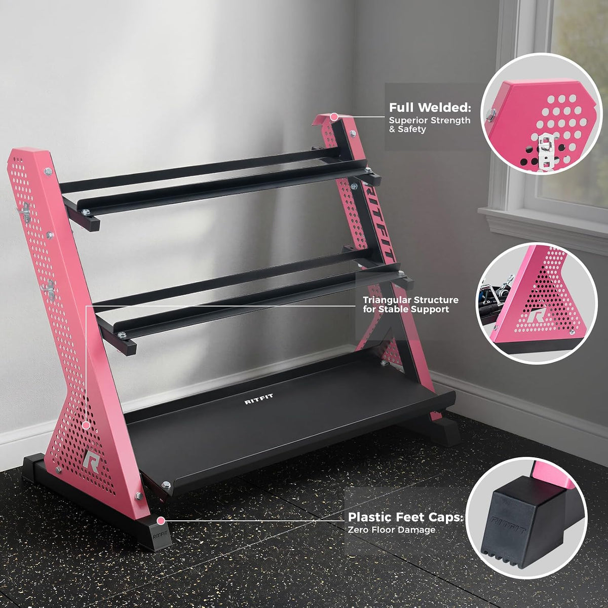 RitFit Rubber Hex Dumbbell Weight Set with 3-Tier Dumbbell Rack