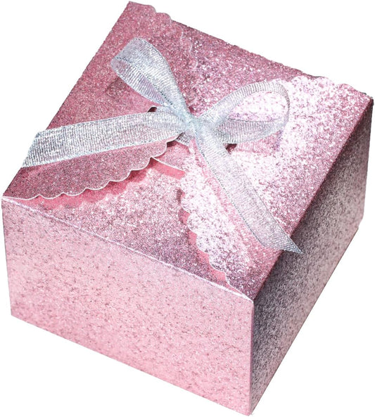 Pink Glitter Gift Boxes – Foldable Paper Boxes with Ribbon-Tied Lids, Set of 10, Sparkly Present Boxes for Weddings, Bridesmaids, Birthdays, Baby Showers, Party(4.75x4.75x3.53)