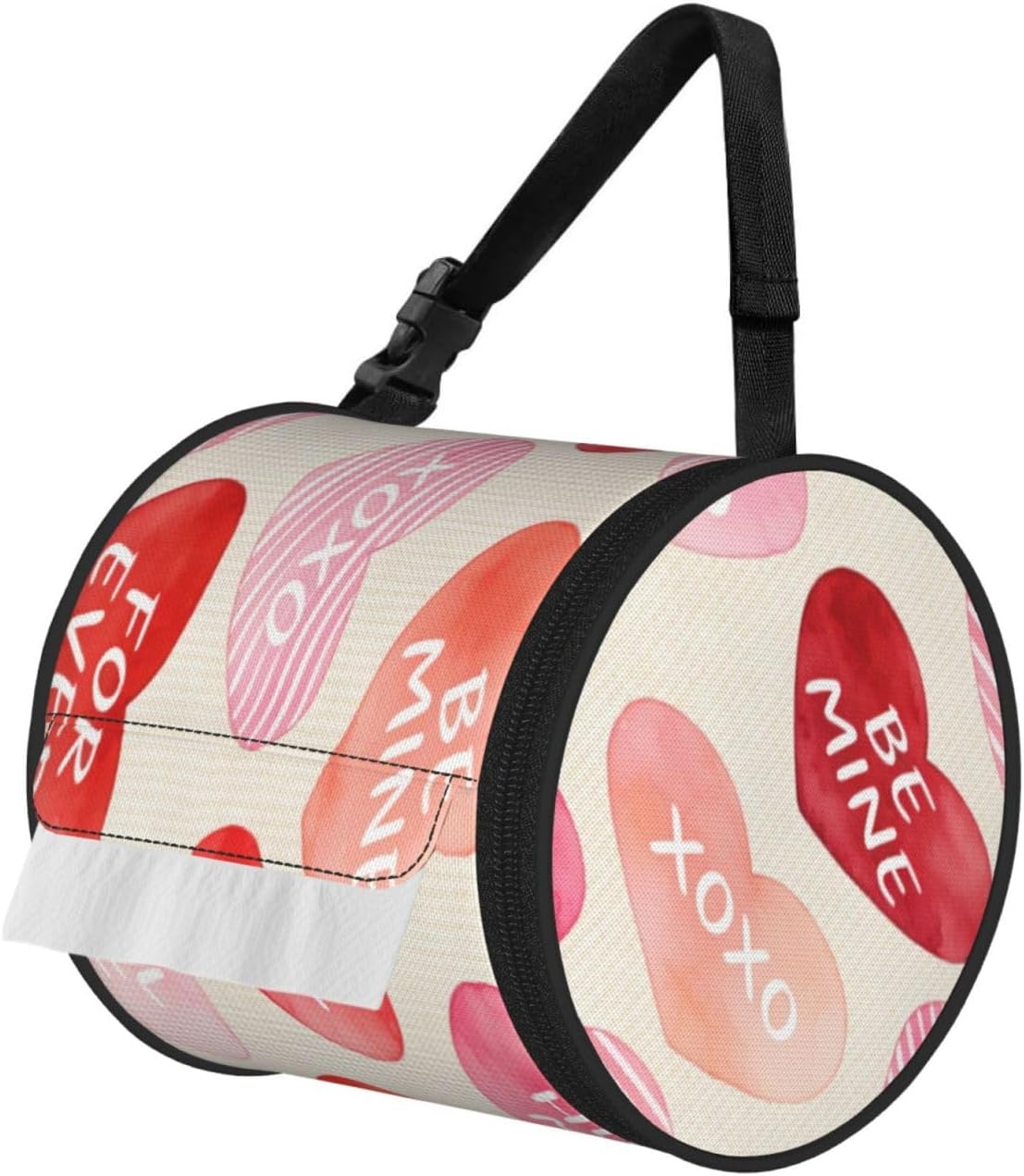 Round Tissue Holder Bag Car Hanging Tissue Boxes Cover with Adjustable Strap Foldable Roll Storage Bags with Zipper Tissues Case Organizer for Home Decor Toilet Office(Pink True Love)