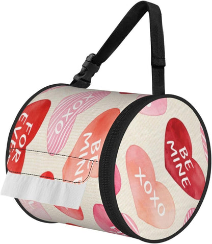 Round Tissue Holder Bag Car Hanging Tissue Boxes Cover with Adjustable Strap Foldable Roll Storage Bags with Zipper Tissues Case Organizer for Home Decor Toilet Office(Pink True Love)