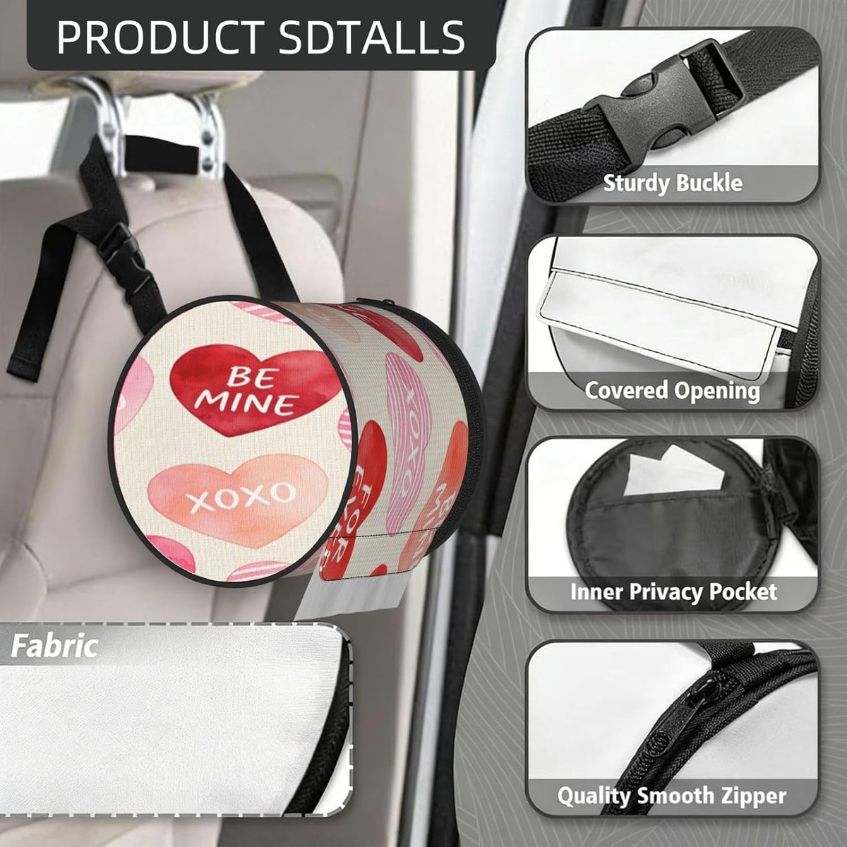 Round Tissue Holder Bag Car Hanging Tissue Boxes Cover with Adjustable Strap Foldable Roll Storage Bags with Zipper Tissues Case Organizer for Home Decor Toilet Office(Pink True Love)