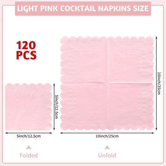 NatNarr 120 Pcs Cocktail Napkins Pink Paper Napkins Light Pink Dessert Beverage Napkin Cute Scalloped Party Napkin for Baby Bridal Shower, Birthday, 5 x 5 Inch