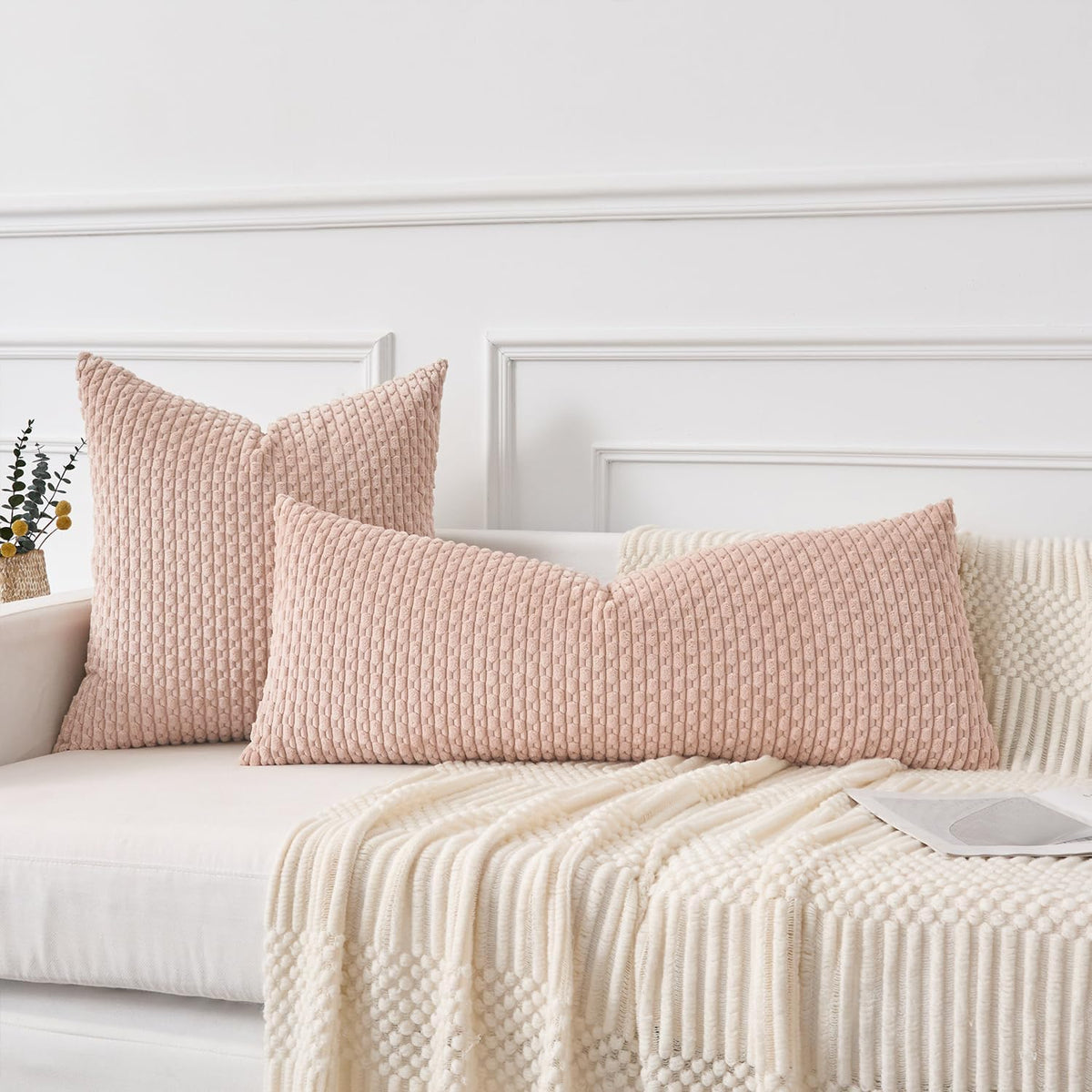 Soft Corduroy 14"x36" Lumbar Pillow Cover 1 Pack, Light Pink