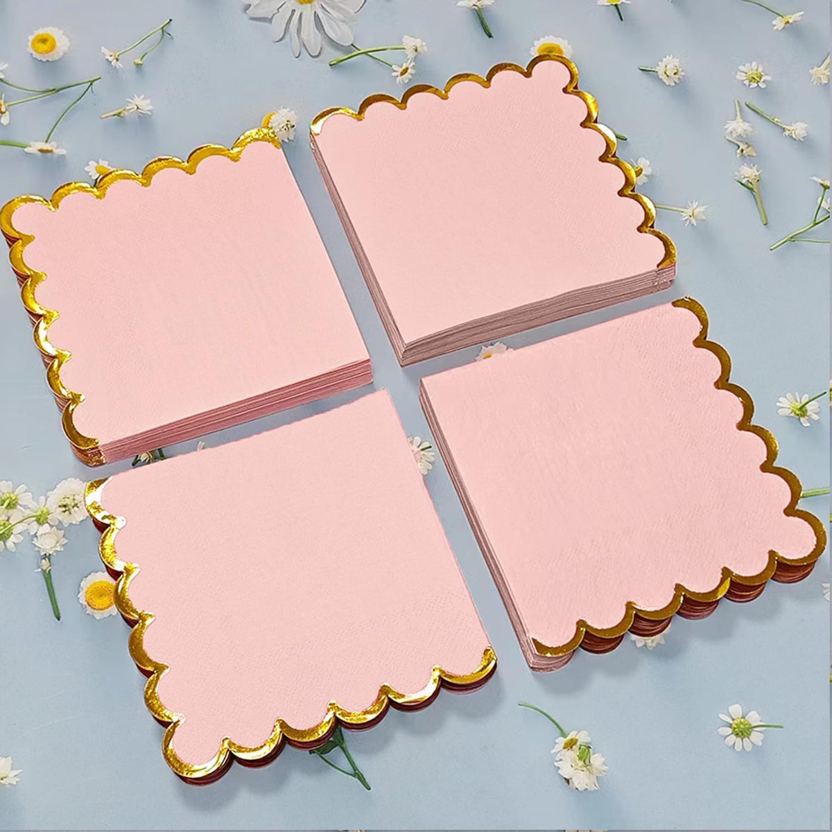 100 pack Pink Cocktail Napkins with Gold Foil Accents Scalloped Edges 5 x 5 inch Beverage Disposable Napkin Party Decoration Wedding Bridal and Baby Shower Dinner Lunch Supplies