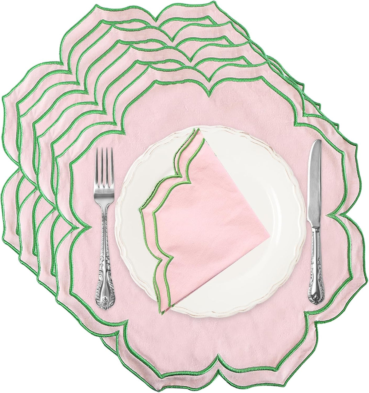 Flower-Shaped Placemats Set of 4, Double Embroidered Edge15-inch Scalloped Cotton Round Cloth Table Mats for Table Settings, Mother’s Day, Anniversaries, Weddings(Round Pink with Green Trim)