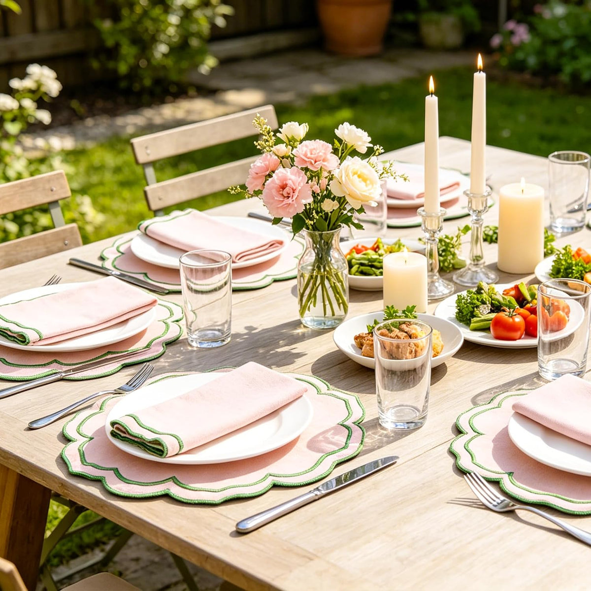 Flower-Shaped Placemats Set of 4, Double Embroidered Edge15-inch Scalloped Cotton Round Cloth Table Mats for Table Settings, Mother’s Day, Anniversaries, Weddings(Round Pink with Green Trim)