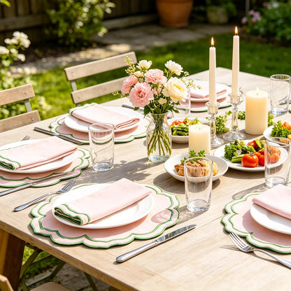 Flower-Shaped Placemats Set of 4, Double Embroidered Edge15-inch Scalloped Cotton Round Cloth Table Mats for Table Settings, Mother’s Day, Anniversaries, Weddings(Round Pink with Green Trim)