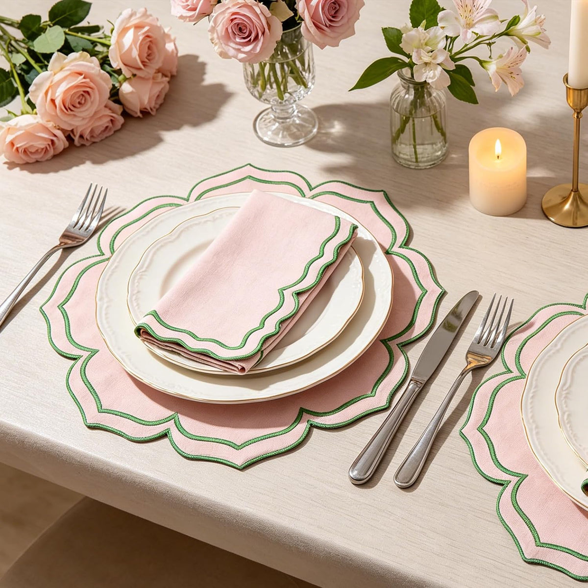 Flower-Shaped Placemats Set of 4, Double Embroidered Edge15-inch Scalloped Cotton Round Cloth Table Mats for Table Settings, Mother’s Day, Anniversaries, Weddings(Round Pink with Green Trim)