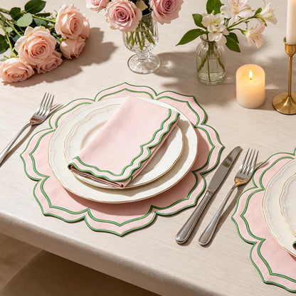 Flower-Shaped Placemats Set of 4, Double Embroidered Edge15-inch Scalloped Cotton Round Cloth Table Mats for Table Settings, Mother’s Day, Anniversaries, Weddings(Round Pink with Green Trim)