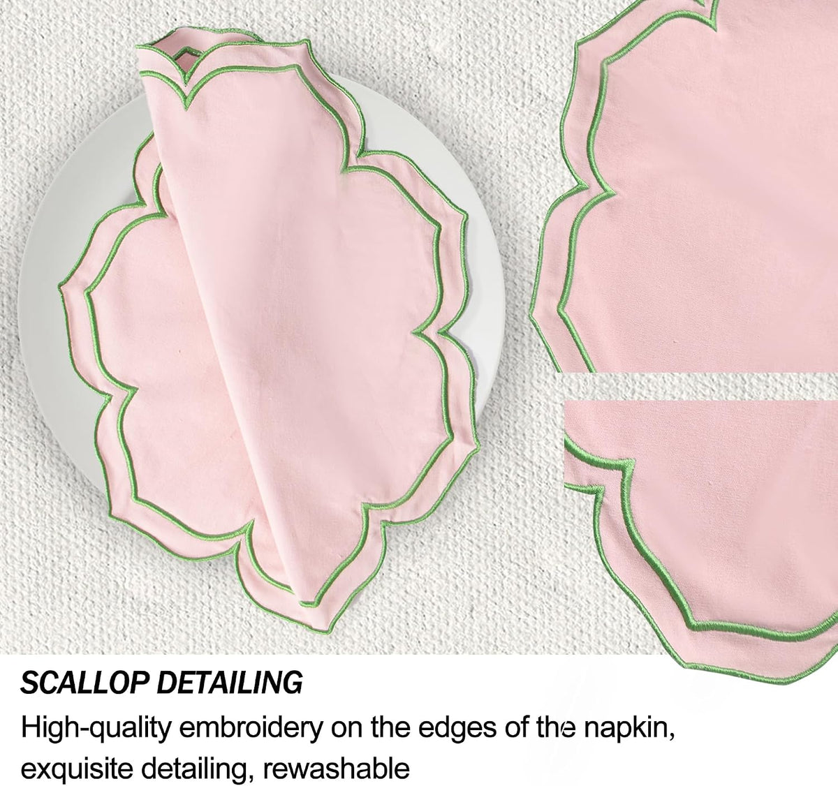 Flower-Shaped Placemats Set of 4, Double Embroidered Edge15-inch Scalloped Cotton Round Cloth Table Mats for Table Settings, Mother’s Day, Anniversaries, Weddings(Round Pink with Green Trim)