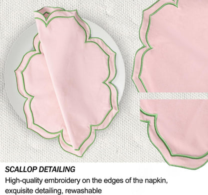 Flower-Shaped Placemats Set of 4, Double Embroidered Edge15-inch Scalloped Cotton Round Cloth Table Mats for Table Settings, Mother’s Day, Anniversaries, Weddings(Round Pink with Green Trim)