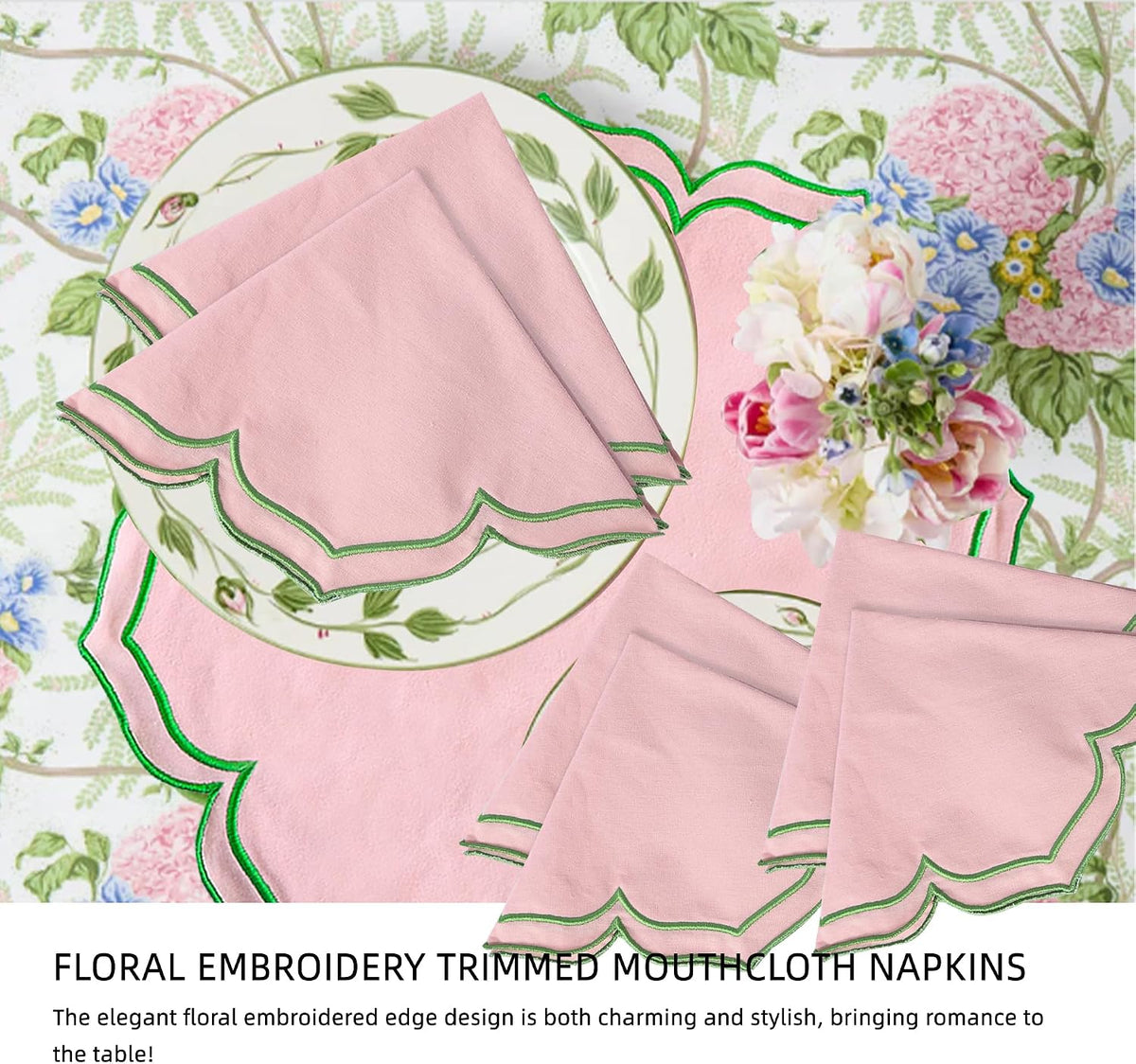 Flower-Shaped Placemats Set of 4, Double Embroidered Edge15-inch Scalloped Cotton Round Cloth Table Mats for Table Settings, Mother’s Day, Anniversaries, Weddings(Round Pink with Green Trim)
