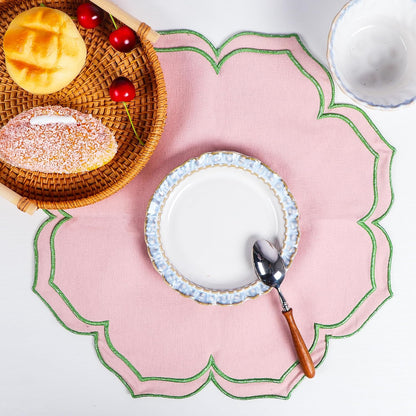 Flower-Shaped Placemats Set of 4, Double Embroidered Edge15-inch Scalloped Cotton Round Cloth Table Mats for Table Settings, Mother’s Day, Anniversaries, Weddings(Round Pink with Green Trim)