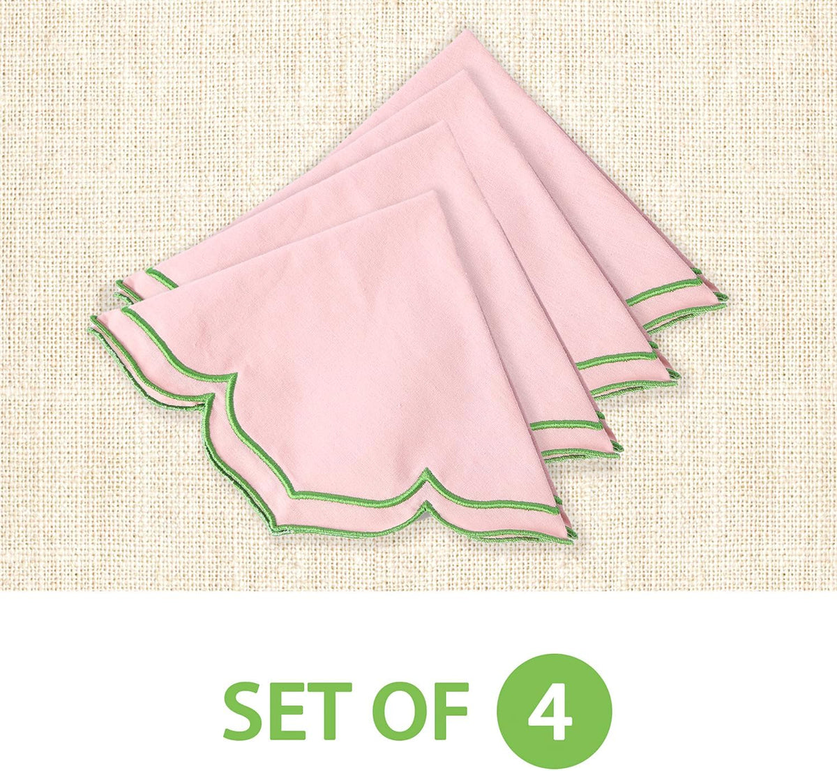 Flower-Shaped Placemats Set of 4, Double Embroidered Edge15-inch Scalloped Cotton Round Cloth Table Mats for Table Settings, Mother’s Day, Anniversaries, Weddings(Round Pink with Green Trim)