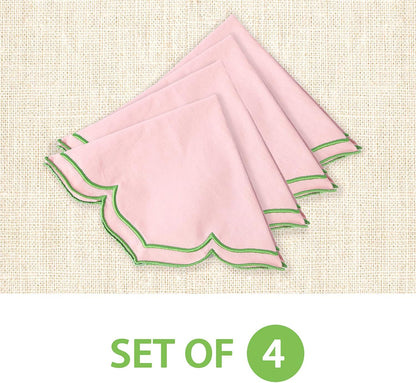 Flower-Shaped Placemats Set of 4, Double Embroidered Edge15-inch Scalloped Cotton Round Cloth Table Mats for Table Settings, Mother’s Day, Anniversaries, Weddings(Round Pink with Green Trim)
