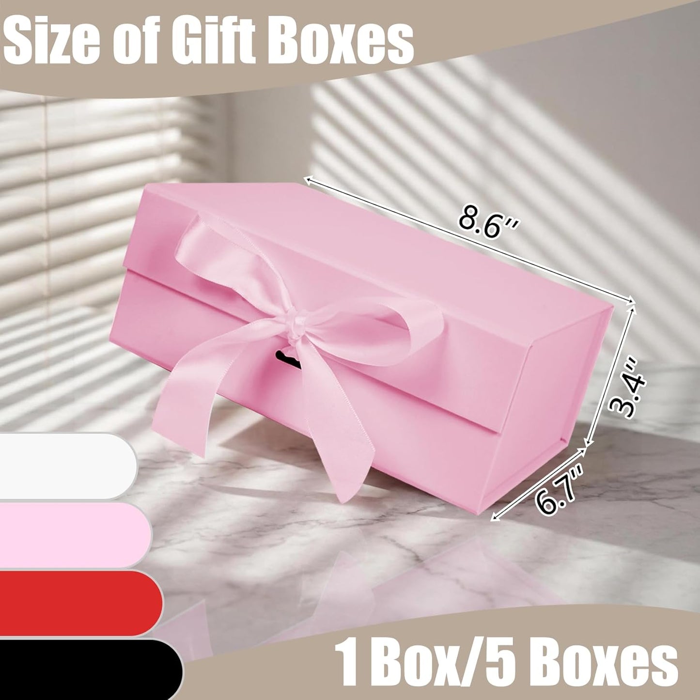 5 Pack Pink Gift Box with Ribbon, 8.6x6.7x3.4 inch Groomsman Proposal Box for Presents with Magnetic Closure Lids, Rectangle Collapsible Luxury Box for Wedding, Christmas, Halloween, Birthday