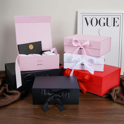 5 Pack Pink Gift Box with Ribbon, 8.6x6.7x3.4 inch Groomsman Proposal Box for Presents with Magnetic Closure Lids, Rectangle Collapsible Luxury Box for Wedding, Christmas, Halloween, Birthday