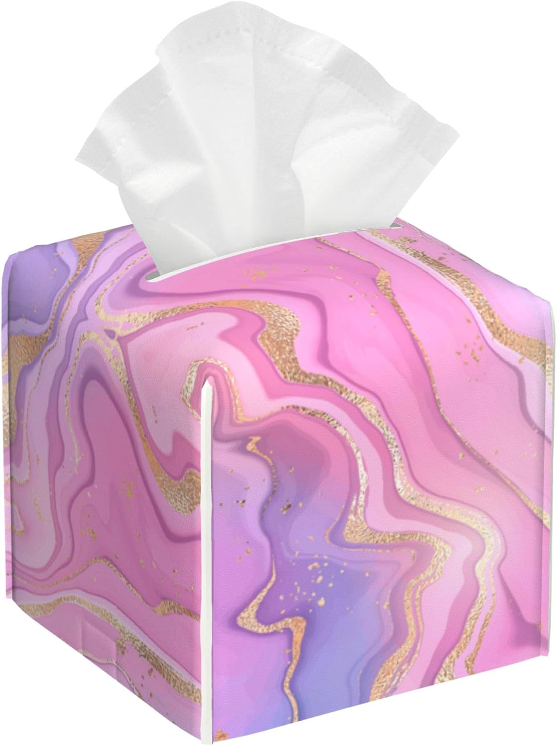 Tissue Box Holder Purple and Pink Liquid Marble Square Leather Tissue Box Cover Modern Cube Facial Paper Cover Case for Bathroom Vanity Countertop Night Stands Tabletop
