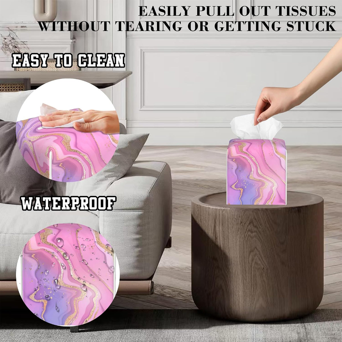 Tissue Box Holder Purple and Pink Liquid Marble Square Leather Tissue Box Cover Modern Cube Facial Paper Cover Case for Bathroom Vanity Countertop Night Stands Tabletop