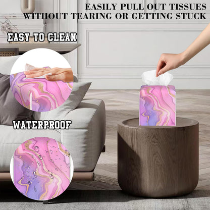Tissue Box Holder Purple and Pink Liquid Marble Square Leather Tissue Box Cover Modern Cube Facial Paper Cover Case for Bathroom Vanity Countertop Night Stands Tabletop