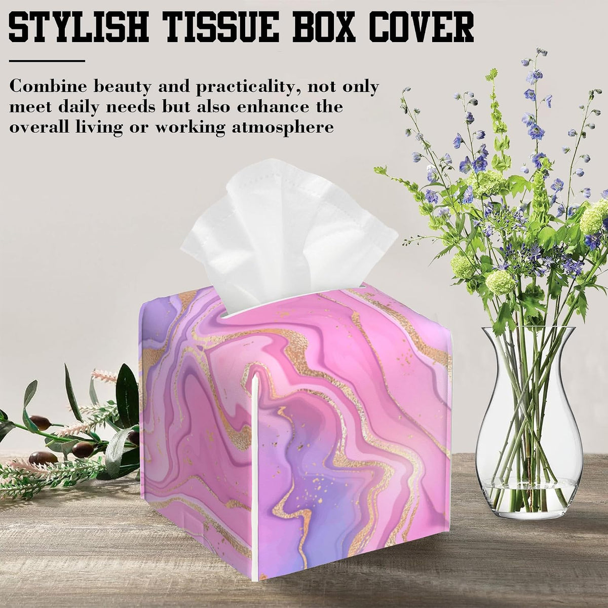 Tissue Box Holder Purple and Pink Liquid Marble Square Leather Tissue Box Cover Modern Cube Facial Paper Cover Case for Bathroom Vanity Countertop Night Stands Tabletop