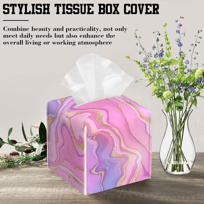 Tissue Box Holder Purple and Pink Liquid Marble Square Leather Tissue Box Cover Modern Cube Facial Paper Cover Case for Bathroom Vanity Countertop Night Stands Tabletop