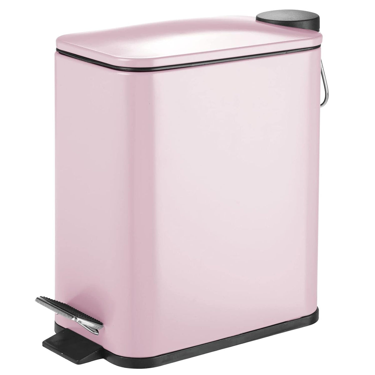 Slim Metal Rectangle 1.3 Gallon Trash Can with Step Pedal, Easy-Close Lid, Removable Liner - Narrow Wastebasket Garbage Container Bin for Bathroom, Bedroom, Kitchen, Office - Matte Blush Pink
