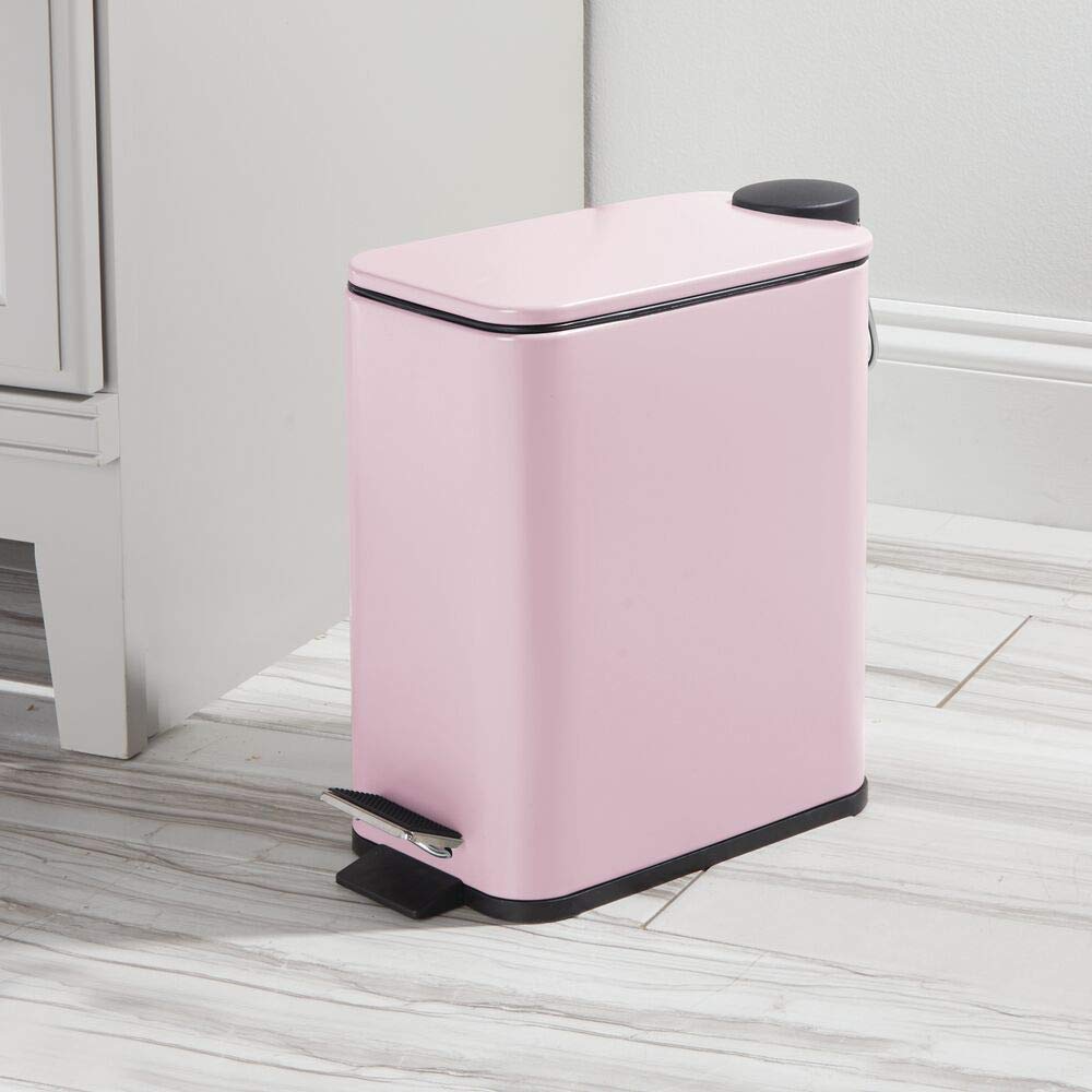 Slim Metal Rectangle 1.3 Gallon Trash Can with Step Pedal, Easy-Close Lid, Removable Liner - Narrow Wastebasket Garbage Container Bin for Bathroom, Bedroom, Kitchen, Office - Matte Blush Pink