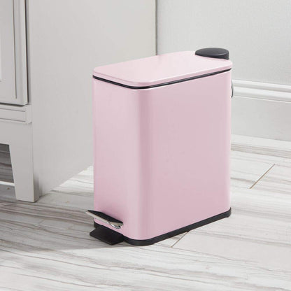 Slim Metal Rectangle 1.3 Gallon Trash Can with Step Pedal, Easy-Close Lid, Removable Liner - Narrow Wastebasket Garbage Container Bin for Bathroom, Bedroom, Kitchen, Office - Matte Blush Pink