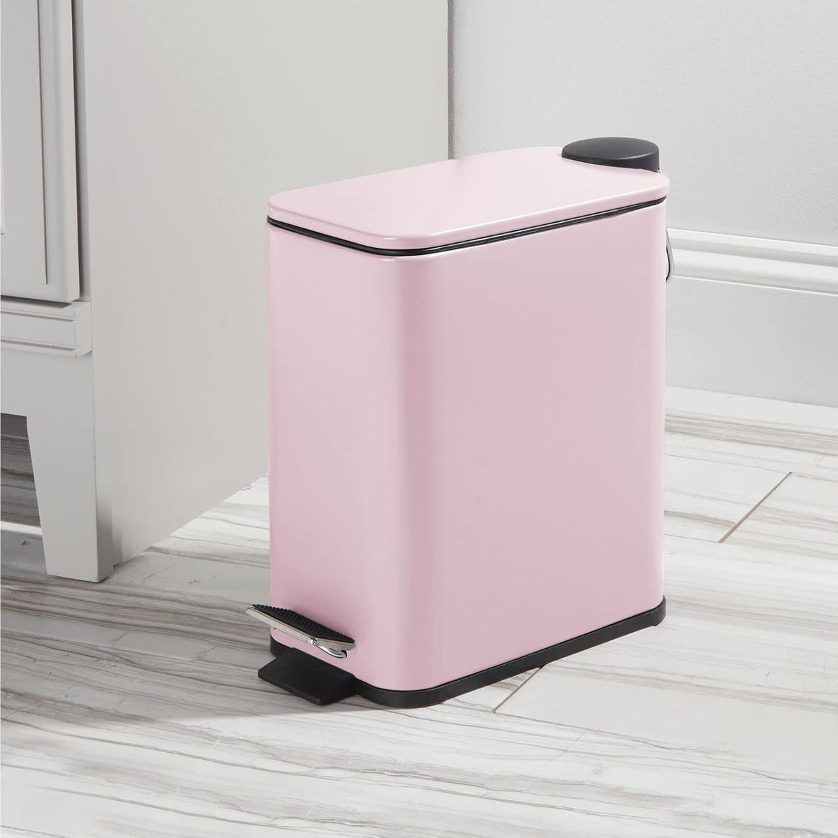 Slim Metal Rectangle 1.3 Gallon Trash Can with Step Pedal, Easy-Close Lid, Removable Liner - Narrow Wastebasket Garbage Container Bin for Bathroom, Bedroom, Kitchen, Office - Matte Blush Pink