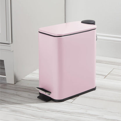 Slim Metal Rectangle 1.3 Gallon Trash Can with Step Pedal, Easy-Close Lid, Removable Liner - Narrow Wastebasket Garbage Container Bin for Bathroom, Bedroom, Kitchen, Office - Matte Blush Pink