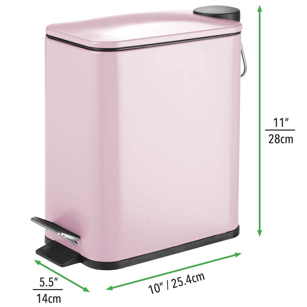Slim Metal Rectangle 1.3 Gallon Trash Can with Step Pedal, Easy-Close Lid, Removable Liner - Narrow Wastebasket Garbage Container Bin for Bathroom, Bedroom, Kitchen, Office - Matte Blush Pink