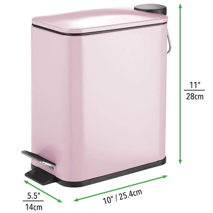 Slim Metal Rectangle 1.3 Gallon Trash Can with Step Pedal, Easy-Close Lid, Removable Liner - Narrow Wastebasket Garbage Container Bin for Bathroom, Bedroom, Kitchen, Office - Matte Blush Pink
