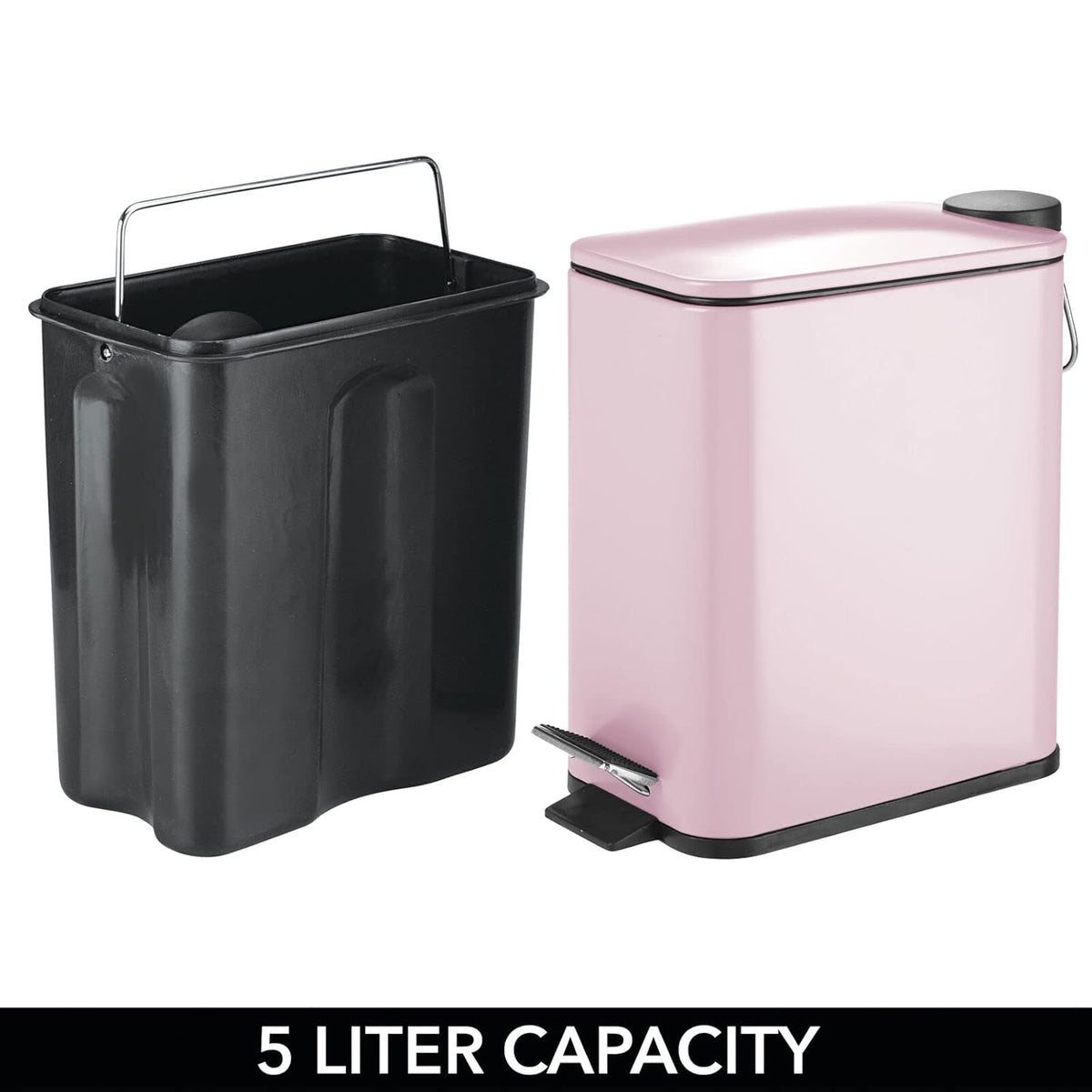 Slim Metal Rectangle 1.3 Gallon Trash Can with Step Pedal, Easy-Close Lid, Removable Liner - Narrow Wastebasket Garbage Container Bin for Bathroom, Bedroom, Kitchen, Office - Matte Blush Pink