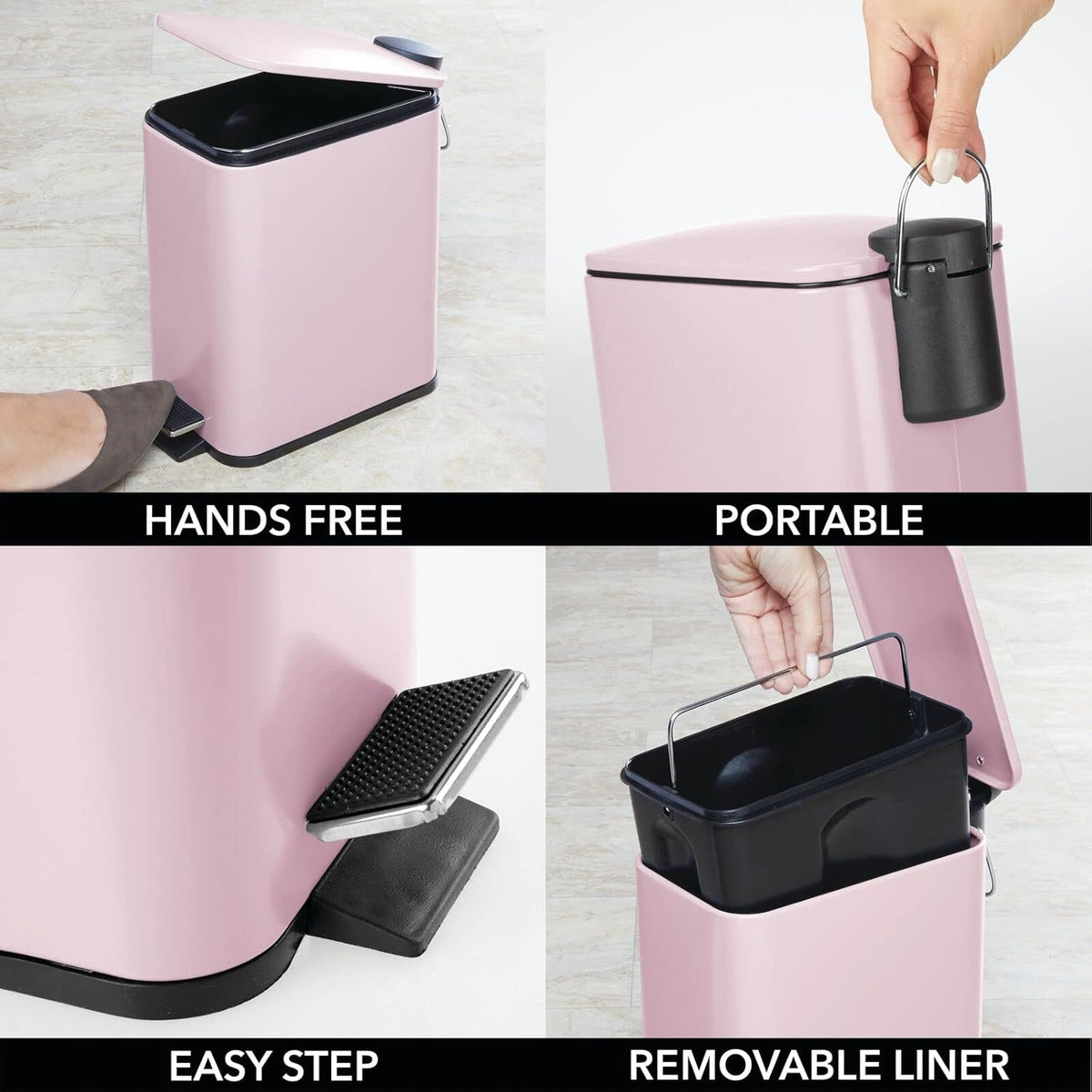 Slim Metal Rectangle 1.3 Gallon Trash Can with Step Pedal, Easy-Close Lid, Removable Liner - Narrow Wastebasket Garbage Container Bin for Bathroom, Bedroom, Kitchen, Office - Matte Blush Pink