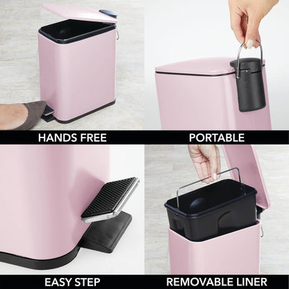 Slim Metal Rectangle 1.3 Gallon Trash Can with Step Pedal, Easy-Close Lid, Removable Liner - Narrow Wastebasket Garbage Container Bin for Bathroom, Bedroom, Kitchen, Office - Matte Blush Pink